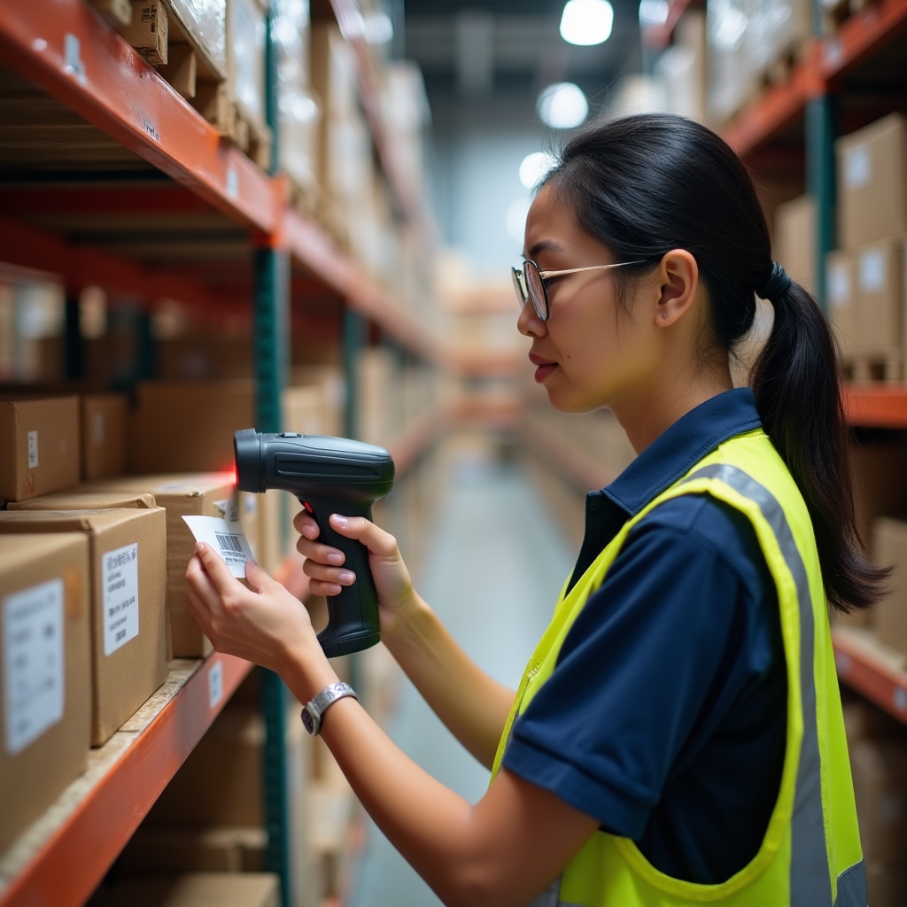 Warehouse staff using modern inventory scanning technology for efficient stock management