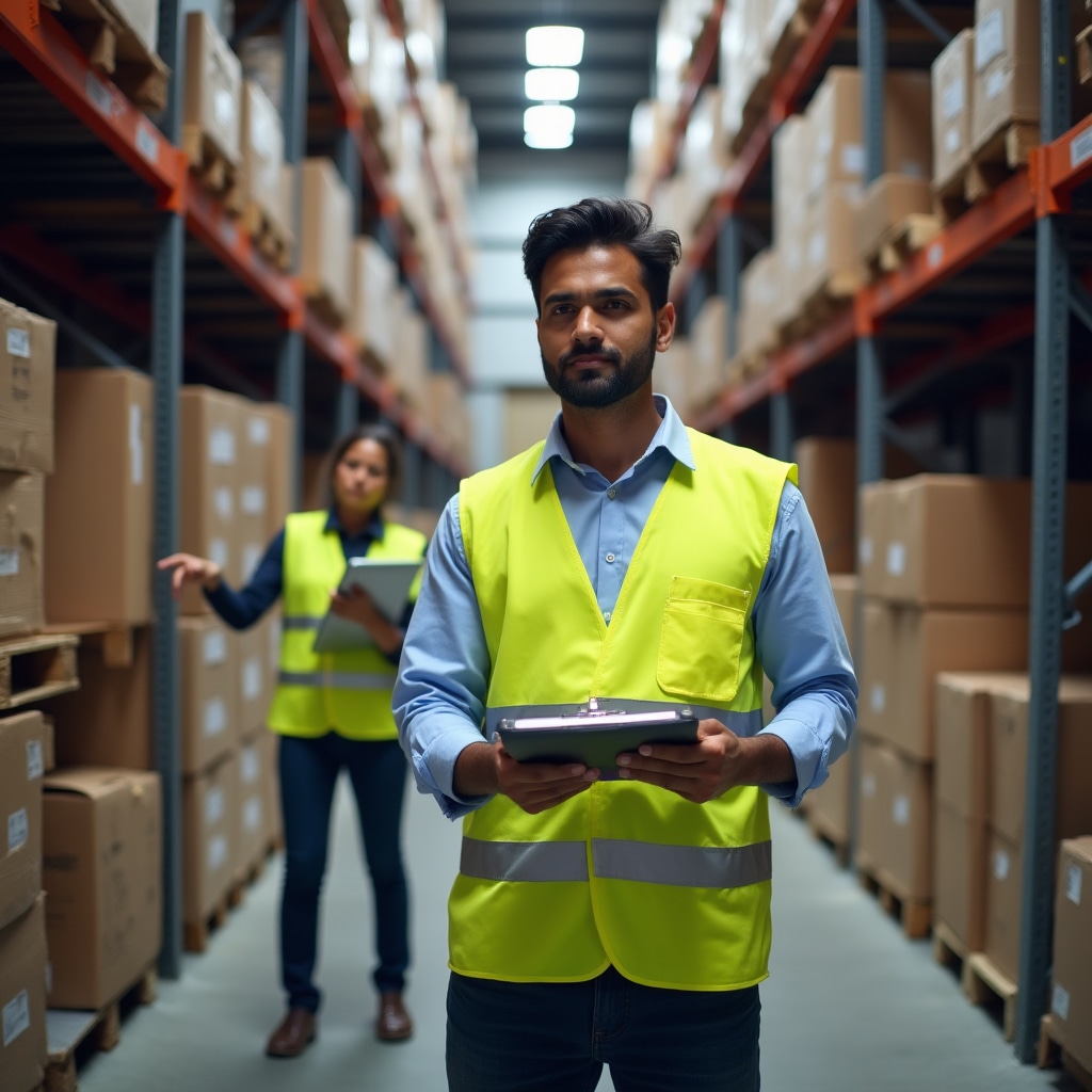 Professional consultant conducting warehouse assessment and analysis