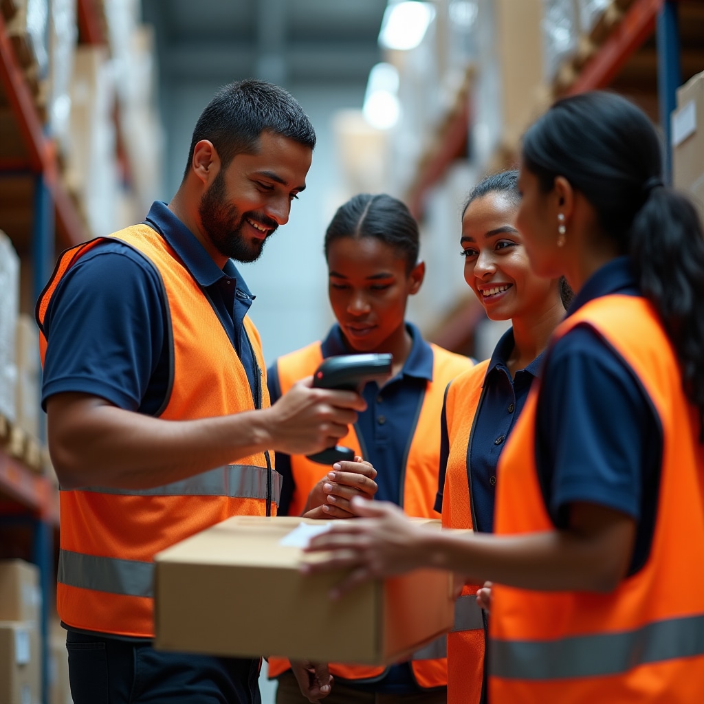 Engaged warehouse team during interactive training session with trainer demonstrating techniques